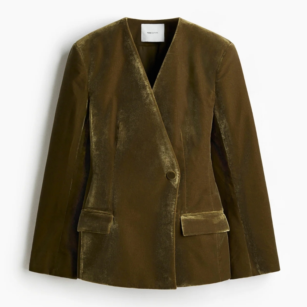 NWT H&M Holiday 25 Velvet Blazer 1319786001 Dark Khaki Green XS S M L